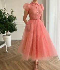 Elegant Peach Tulle Dresses, Chic Lace Dresses With Buttons, Elegant Swiss Dot Midi Dress, Tea Length Tulle Skirt Dress, Fitted Tea Length Dress With Tulle Skirt, Fitted Tulle Skirt Tea-length Dress, Elegant Swiss Dot Dress For Spring, Elegant Spring Dress With Swiss Dot, Fitted Swiss Dot Dress For Garden Party