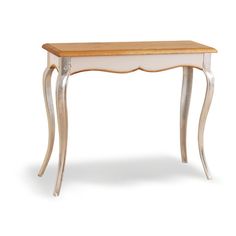 a white and wood table with drawers on it's legs, against a white background