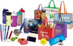 various promotional items are displayed on a white background, including shopping bags, pens, markers and magnets