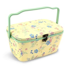 A pretty sewing basket is ideal for organizing sewing, quilting or crafting supplies. This oval sewing basket is covered with a buttery yellow floral print fabric and accented with a soft green handle and trim. With a sturdy plastic handle it is a portable and stylish addition to a sewing or crafting space. An elegant metal latch secures the lid. Cheesecloth Ghost, Crafting Space, Big Basket, Sewing Basket, Basket Organization, Sewing Baskets, Floral Print Fabric, Sewing Material, Crafting Supplies