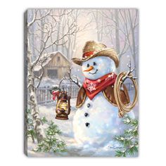 a painting of a snowman wearing a hat and scarf