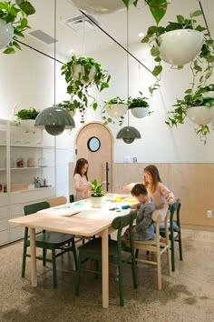 two children sitting at a table with plants hanging from the ceiling