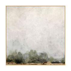 a painting with trees in the background and a white sky above it is an empty field