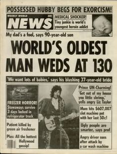 the front page of news paper with an article about world's oldest man weds at 130