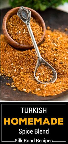 turkish homemade spice blend in a wooden spoon on a black plate with text overlay