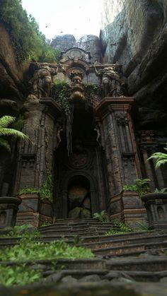 the entrance to an underground cave with plants growing out of it