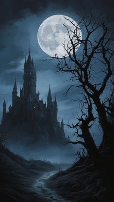 an image of a castle at night with the moon in the sky