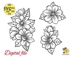 three flowers are shown in black and white, with the words digital file below them