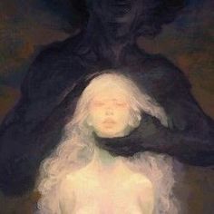 a painting of a woman with her arms around a man's head, in front of a dark background