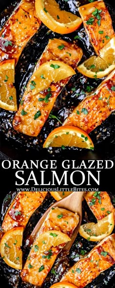 orange glazed salmon in a skillet with lemons and parsley