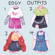 four different outfits with the words edgy outfits on them