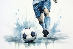 a painting of a man kicking a soccer ball in the water with splashing paint