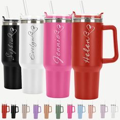 three different colored travel mugs with the words love and hearts engraved on each one