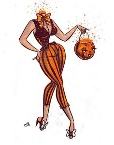 a drawing of a woman dressed as a pinup with a pumpkin in her hand