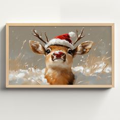 a painting of a deer wearing a santa hat with snow on it's head