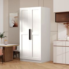 a white cabinet sitting in the middle of a kitchen next to a dining room table