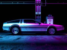 a car parked in front of a gas pump at night with neon lights on it