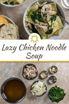 the lazy chicken noodle soup recipe is ready to be eaten and served in bowls