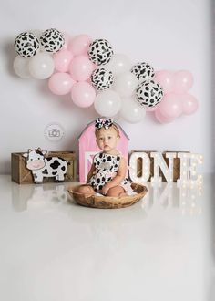 a baby is sitting in a basket with balloons on the wall behind her and a cow backdrop