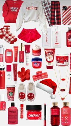 the contents of a christmas gift bag are arranged in red and white, including santa's hat