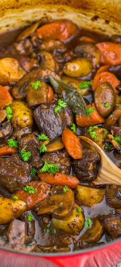 a pot full of stew with carrots, potatoes and parsley in the middle