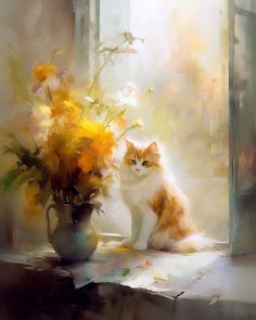 a painting of a cat sitting next to a vase with flowers