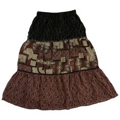 "Crepe skirt with mix of prints. Elastic stretch waist. Crepe lining.  condition: excellent color(s): black, cream, light brown, burgundy, gold fabric(s): polyester crepe brand: none care: hand wash  estimated size: Medium/Large (no size marked, please check measurements)  ✩ size is estimated - please double check measurements for best fit  ✩ all measurements are taken with the item laying flat ✩ waist & hip measurements have been doubled waist: 29-32\" / 73.5-81.5cm hips: 44\" / 112cm length: 3 Brown Patchwork Tiered Skirt, Vintage Brown Tiered Skirt, Brown Vintage Tiered Skirt, Casual Brown Patchwork Skirt, Vintage Brown Flowy Skirt, Floral Geometric Pattern, Crepe Skirt, Crepe Skirts, Handkerchief Dress