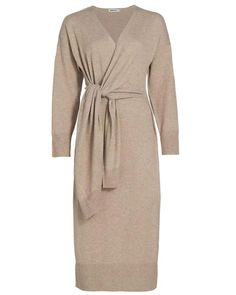 SIMKHAI Heather Teak Tie Front Skyla Midi Dress V neck Drop shoulders Long sleeves Self-tie front detail Slim silhouette Midi length Knit fabrication Wool, cotton, cashmere Dresses Xs, Drop Shoulder, Midi Length, Heathers, Teak, Wrap Dress, Cashmere, Midi Dress, Long Sleeves