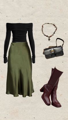 Green Satin Skirt Outfit, Green Satin Skirt, Satin Skirt Outfit, Skirt Outfit, Satin Skirt, Green Satin