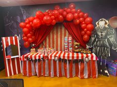 a circus themed birthday party with red and white striped table cloths, balloons, candy bars, and an american flag backdrop