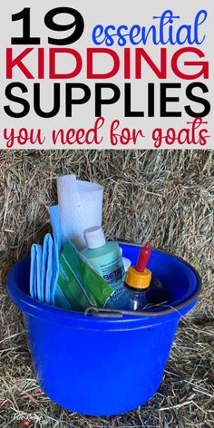 a blue bucket filled with cleaning supplies on top of hay and text that reads 19 essential kidding supplies you need for goats