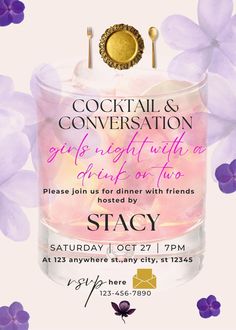 an advertisement for cocktails and conversation on the side of a table with purple flowers