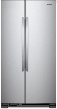 the side by side refrigerator has two doors and is stainless steel with black trimming