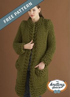 a woman wearing a green knitted cardigan with the words free pattern on it