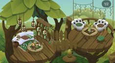 an animal themed picnic is set up in the middle of a forest with animals eating out of bowls