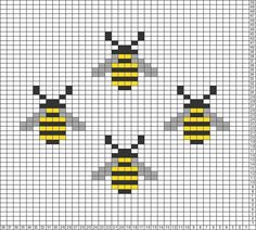 the cross stitch pattern shows three bees with yellow and black stripes on their chests