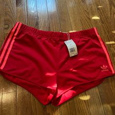 Adidas Women Red 3 Stripes Shorts, Size: Xl Red Sports Bottoms For Spring, Red Athleisure Bottoms With Short Legs, Red Stretch Athletic Shorts For Spring, Red Athletic Shorts With Short Legs For Summer, Red Workout Shorts For Spring, Red Athleisure Shorts For Spring, Red Workout Bottoms For Spring, Adidas Red Casual Bottoms, University Red Sporty Bottoms For Summer