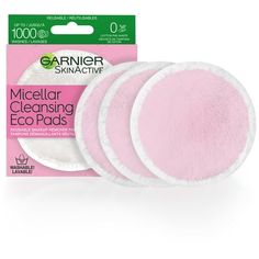 Garnier SkinActive Micellar Cleansing Eco Pads, These reusable microfiber pads activate with Micellar Cleansing Water to thoroughly remove makeup and cleanse skin without harsh rubbing. The large, ultra-soft pads are easy to use for all-over makeup removal and cleansing. Removes tough makeup even the leading wipes can't, leaving less waterproof mascara residue. Use Waterproof Micellar Cleansing Water and Reusable Eco Pads. Micellar Cleansing Eco Pads last up to 1,000 washes. Approved by Cruelty-Free International. They are easy to wash! Hand wash with soap and water after each use. For a deeper clean, toss it into the washing machine with your laundry once a week. Size: 3.  Color: Clear. Makeup Remover Aesthetic, Korean Makeup Remover, Garnier Micellar Water, Garnier Skinactive, Water Pad, Garnier Micellar, Best Makeup Remover, Face Sponge, Cleansing Pads