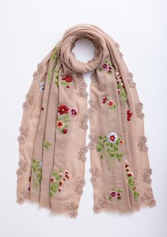 Indulge in the refined elegance of our light copper cashmere scarf. Featuring delicate multi-colored floral embroidery and accented with tonal light copper lace appliques, this scarf offers a beautiful blend of sophistication and uniqueness. Combining warmth with effortless style, it’s the perfect accessory for any occasion. Copper Lace, Light Copper, Cashmere Scarf, Lace Applique, Steel Blue, Floral Embroidery, Appliques, Floral Lace, Multi Colored