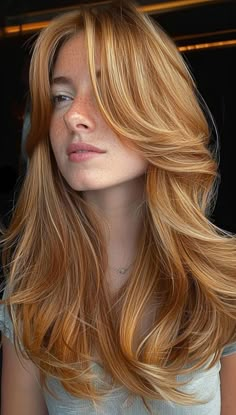 Strawberry Blonde With Root Smudge, Curtain Bangs Strawberry Blonde Hair, Curtain Bangs Long Hair Red, Curtain Bangs Long Hair Redhead, Ginger Hair With Curtain Bangs, Strawberry Blonde Wolf Cut, Strawberry Blonde Curtain Bangs, Starberry Blonde Hair, Curtain Bangs Ginger Hair