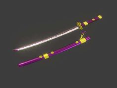 two purple and yellow swords on a black background, one with gold trimmings