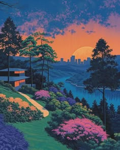 a painting of the sun setting over a city with trees and flowers in front of it