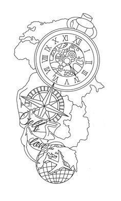 a black and white drawing of a clock with the world in it's hands