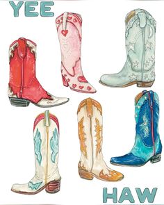 Cowgirl Watercolor, Colorful Cowboy Boots, Cowgirl Boots Aesthetic, Cowboy Boots Art, Cowboy Drawing, Western Drawings, Boots Art, Small Images, Western Font