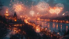 fireworks are lit up in the night sky over a river with buildings and trees on both sides