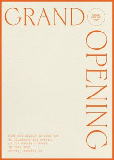 an orange and white card with the words grand opening on it's front side