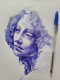 a drawing of a man's face with curly hair and blue ink on paper