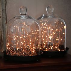 two glass cloches with fairy lights in them