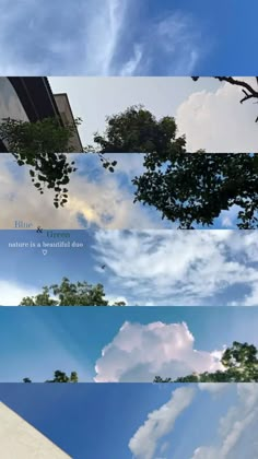 four different shots of trees and clouds in the sky with captioning text below