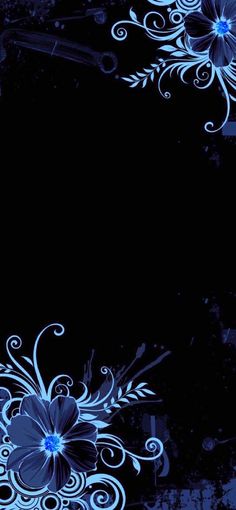 an artistic blue background with flowers and swirls on the bottom right corner, in front of a black backdrop